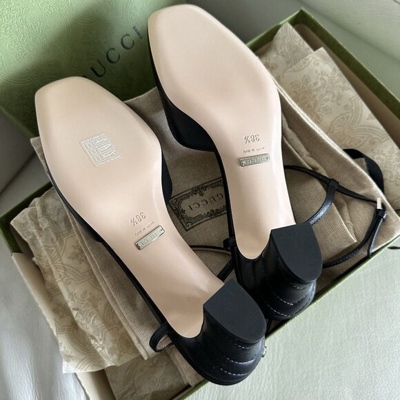 NEW Gucci WOMEN'S PETITE GG SLINGBACK PUMPS HEELS Sz 38.5 Black Strap - Picture 10 of 11